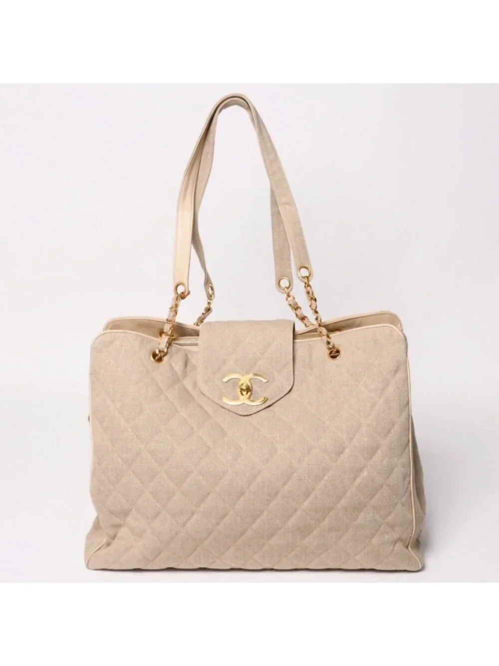 Chanel Supermodel XL Chain Tote Bag Linen CC Logo Coco Ball Beige